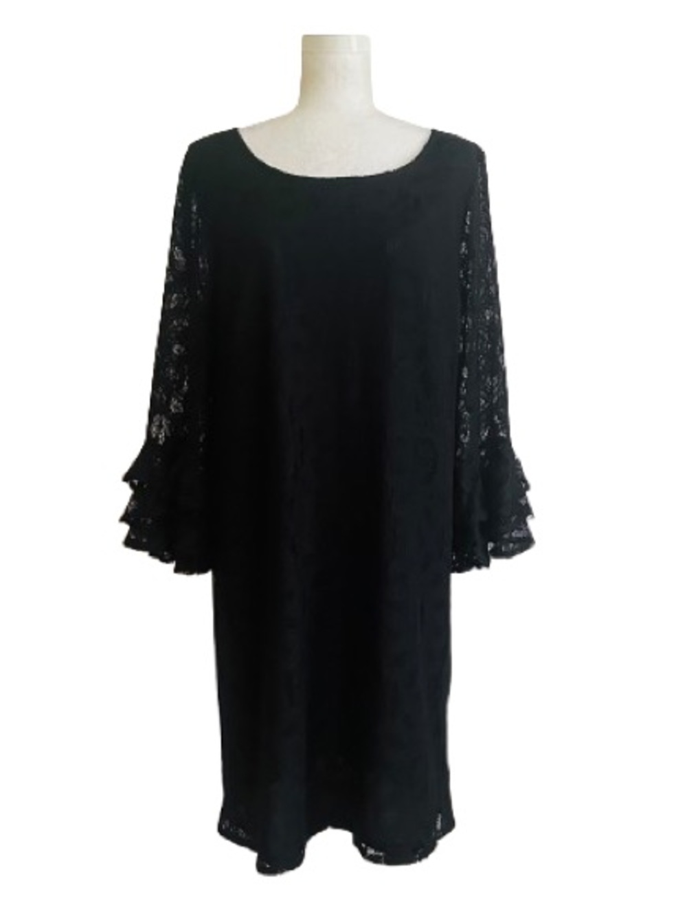 R&K Evening Dress Black Lace Overlay Bell Sleeve Shift Dress Size 14